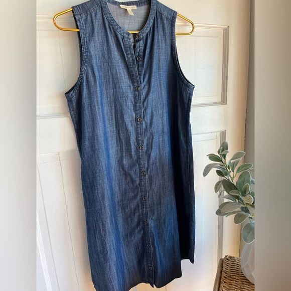 New eileen fisher denim sleeveless button down mandarin collar shift dress - Picture 4 of 8